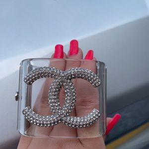CHANEL Silver Crystal Logo Cuff